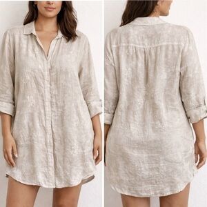 Karyn Seo Ivory Beaded Tunic Boho Button Down Beach Swim Cover Up Shirt Dress